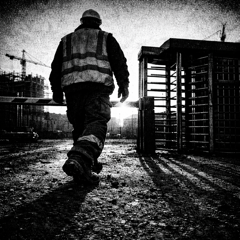 Worker approaching a UK construction site gate at dawn — high contrast black and white